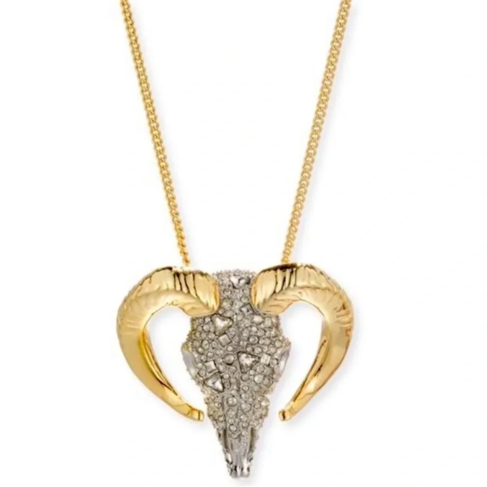 ALEXIS BITTAR Silver Gold Western Crystal Ram Head Skull Horn Necklace